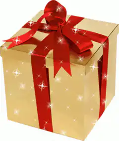 Golden gift box with red ribbon and sparkles