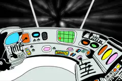 cartoon spaceship cockpit with starfield