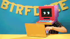 Person in computer head celebrating with money