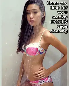 Woman showering with chastity cage caption