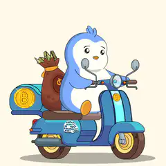 Blue penguin riding scooter with bitcoin