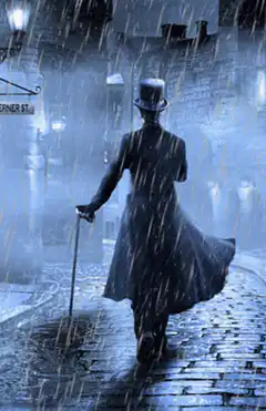 Man in top hat walking in rain