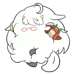 Fluffy white creature with glasses and small character