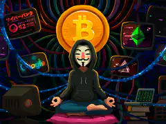 Anonymous hacker meditating with Bitcoin