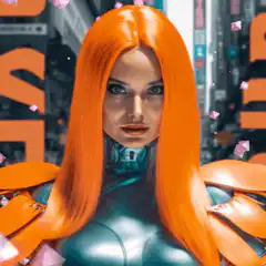 Orange hair woman with floating pink crystals