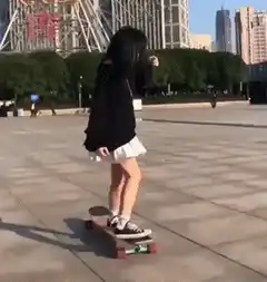 Girl skateboarding in city plaza