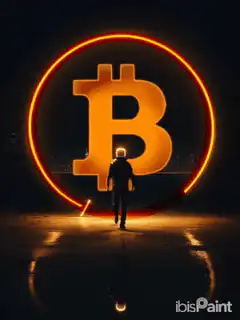 Silhouette walking through Bitcoin logo