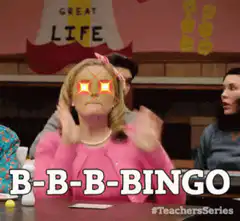 Woman shouting BINGO with star eyes