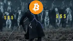 Bitcoin head figure with lightning and money