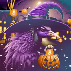 Purple witch bird with bitcoin pumpkin
