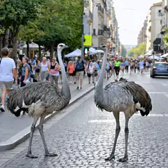 Two rheas walking on a city street