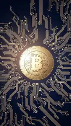 Bitcoin coin on circuit board