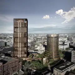 Two modern skyscrapers in a city