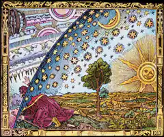 Medieval illustration of a robed figure under a starry sky