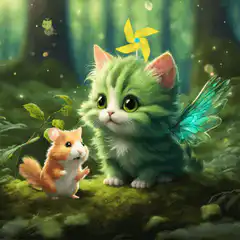 Green winged cat and hamster in forest