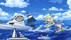 anime girls surfing behind a boat