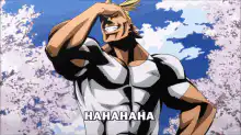 Muscular man laughing under cherry blossoms