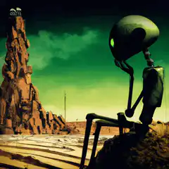 Sad robot sitting in desert