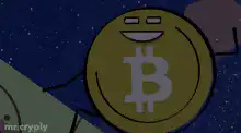 Bitcoin coin riding a rocket to the moon