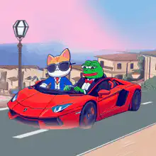 Pepe and Cat in a Red Sports Car