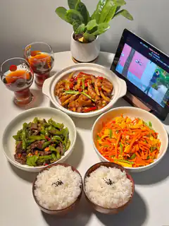 dinner with rice and dishes