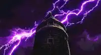Tower struck by purple lightning