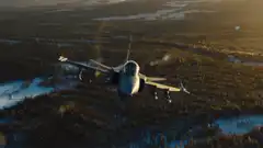 fighter jet flying over snowy forest