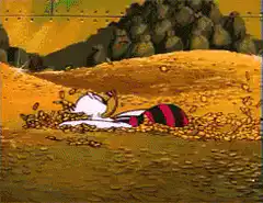Snoopy buries himself in gold coins