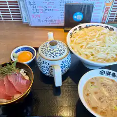 Japanese Tsukemen meal with raw egg and tuna