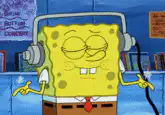 SpongeBob listening to music with headphones