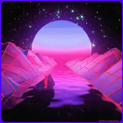 Synthwave sunset with geometric mountains