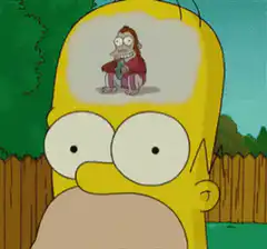 Homer Simpson thinking about a monkey lifting weights