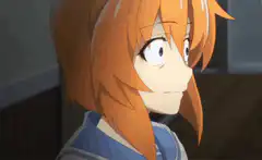 Orange hair anime girl wide-eyed stare