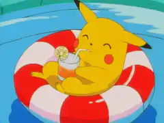Pikachu relaxing in a pool float with a drink