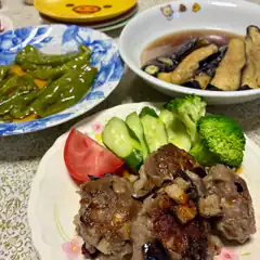 Japanese home-cooked meal with meatballs and vegetables