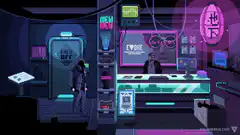 Cyberpunk bar scene with neon lights