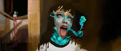 Woman smoking pipe with blue smoke