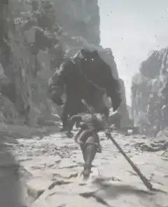 Warrior runs from giant ape
