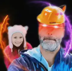 Bearded man and girl with glowing eyes and hard hat