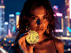 Woman holding Bitcoin coin