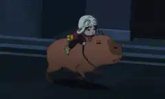 Child riding a capybara at night