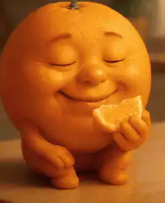 Happy orange eating a slice