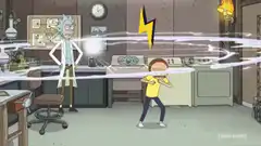 Rick Sanchez zaps Morty with a lightning bolt