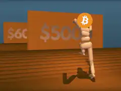 Bitcoin man running past price signs