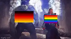 Hulk punches Thor with German and Pride flags