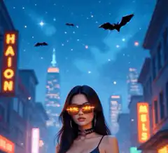 Woman in glowing sunglasses with bats
