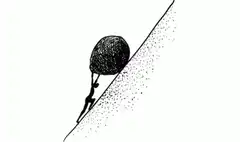 Sisyphus pushing boulder uphill