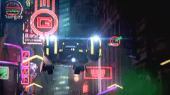 Flying police car lands in neon city