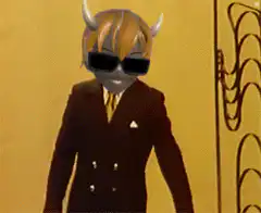 horned emoji man in suit waving