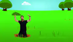 Man in holes multiplying in cartoon field